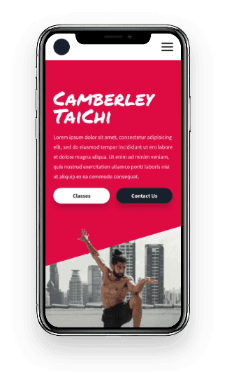 Camberley Taichi website mockup shown on a phone
