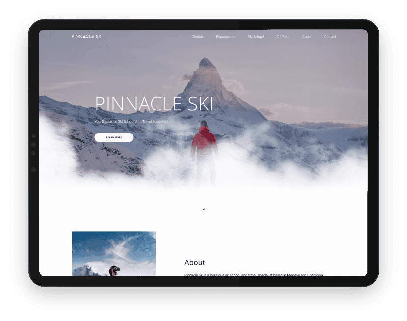 Pinnacle Ski website shown on a tablet