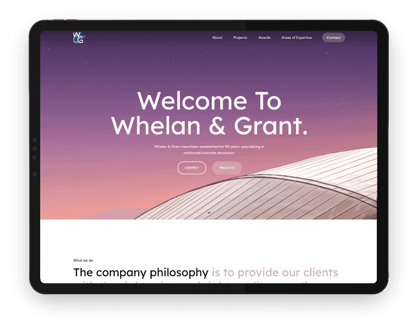 Whelan & Grant website shown on a tablet