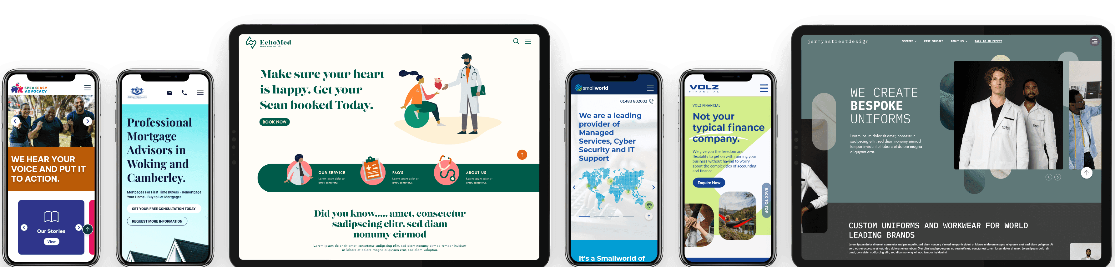 Examples of websites built by Thunderbolt on mobile phone and tablet screens