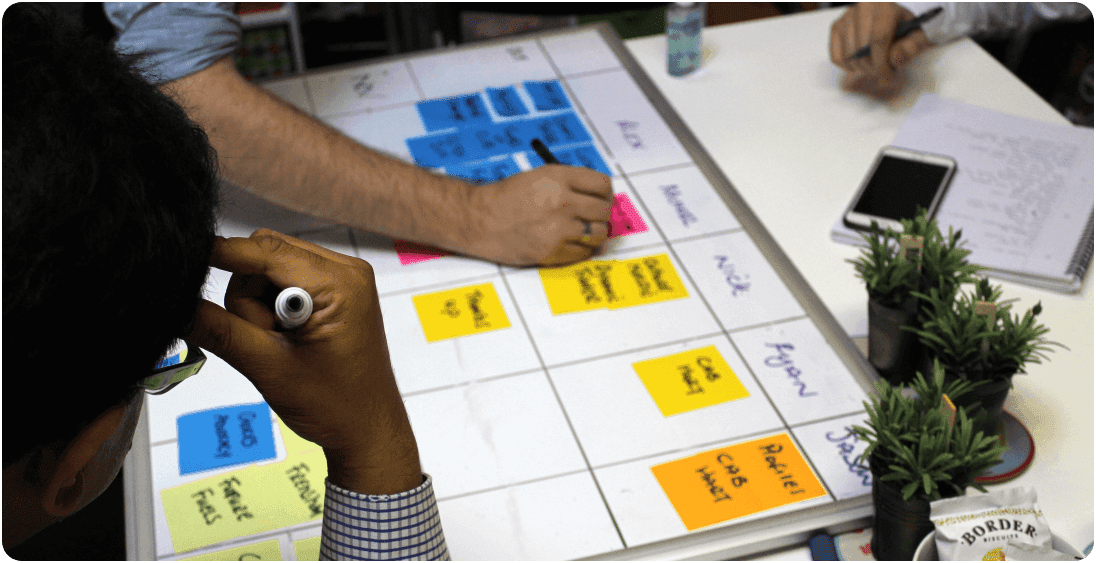 Saybhan and the Development team scheduling work on a whiteboard