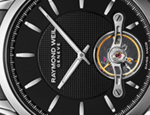 A closeup of a Raymond Weil watch