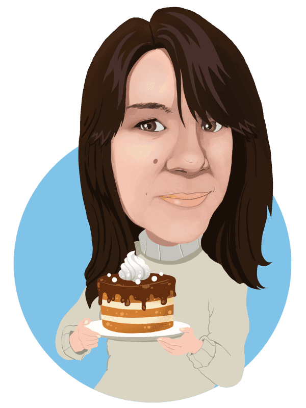 Caricature in Thunderbolt's signature style of Cheryl holding a decadent-looking cake