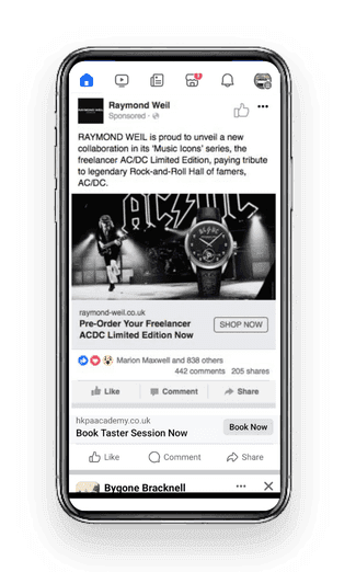 A Raymond Weil ACDC watch Facebook advert shown on a phone