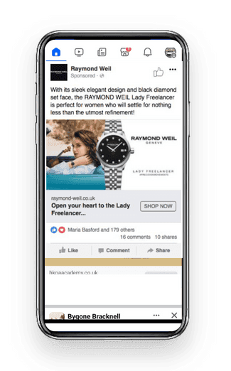 A Raymond Weil Facebook advert shown on a mobile phone screen