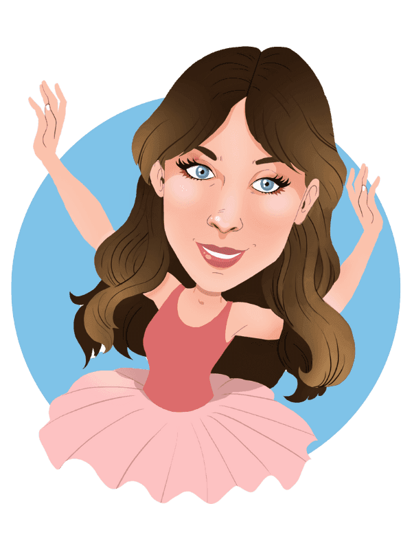 Caricature in Thunderbolt's signature style of Bella standing in a dance pose wearing a ballet outfit