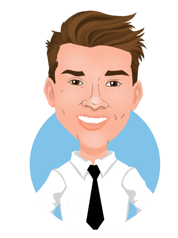 Caricature in Thunderbolt's signature style of Jono grinning in his shirt and tie