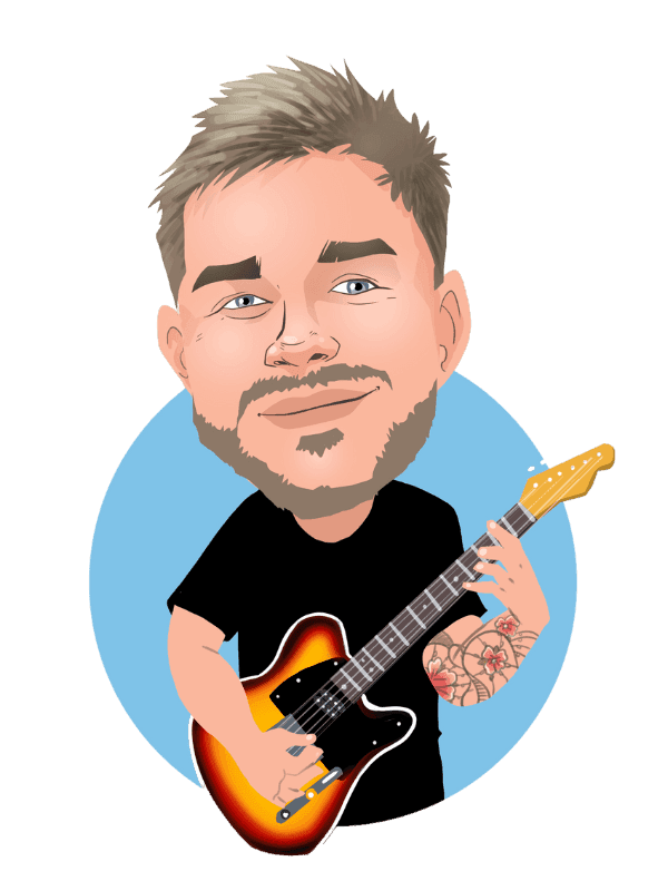 Caricature in Thunderbolt's signature style of Reece playing an electric guitar