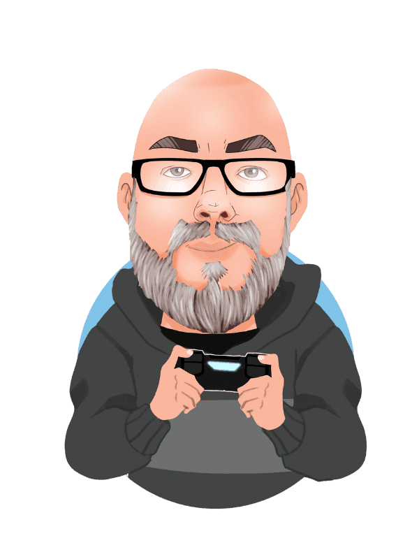 Caricature in Thunderbolt's signature style of Rob holding a games controller