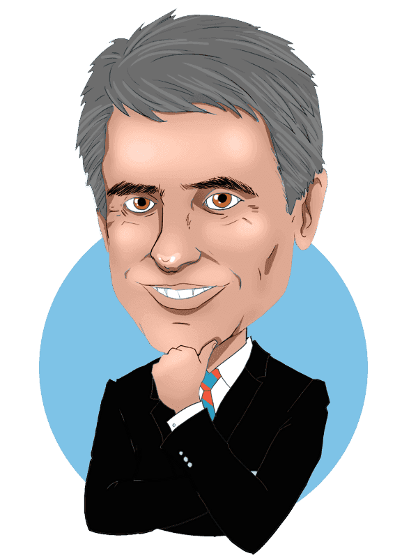 Caricature in Thunderbolt's signature style of Steve smiling and resting his hand on his chin